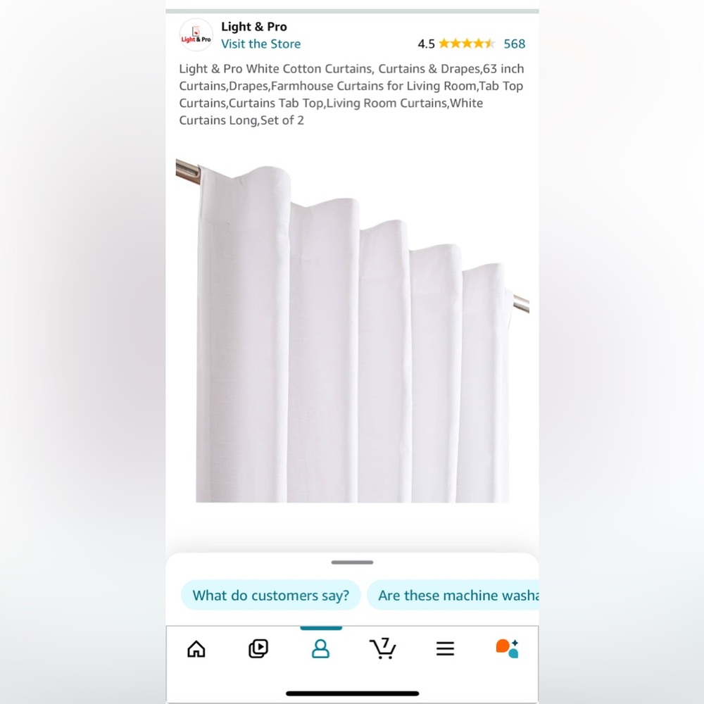 Light & Pro White Cotton Curtains, 63 inch, Set of 2